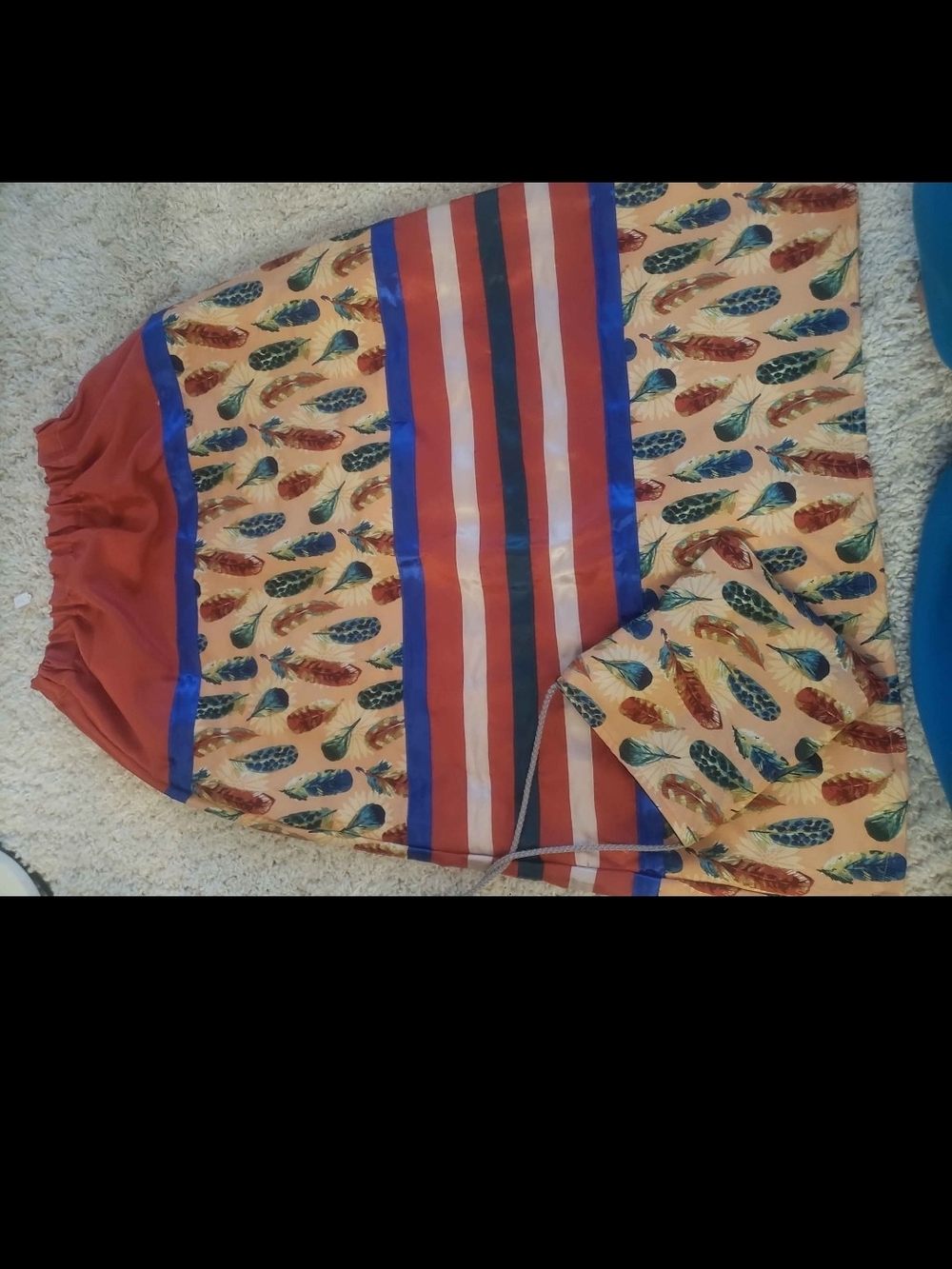 Feather Print Midi Skirt in Rust and Blue Ribbon Skirt